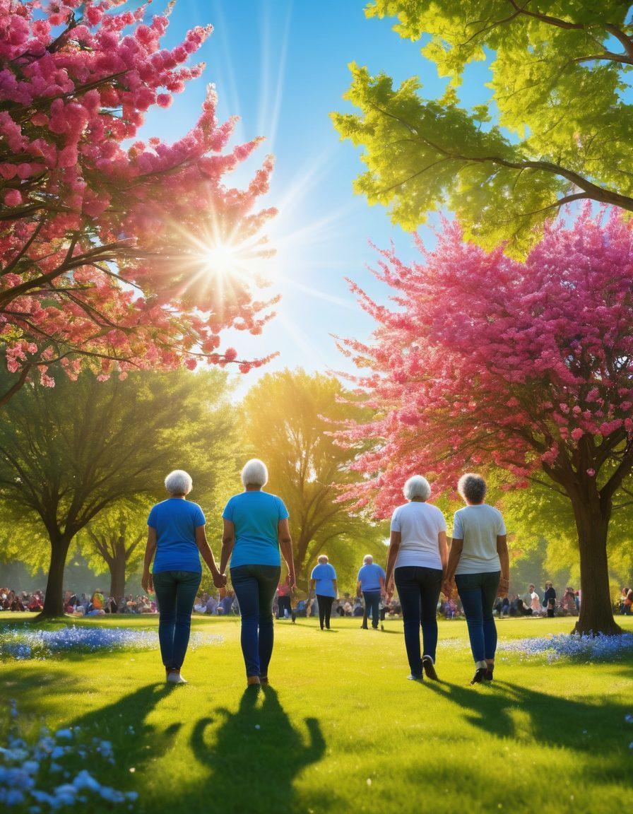 A compassionate scene showing a diverse group of cancer survivors sharing their stories in a sunlit park, with supportive family members standing nearby. Elements of hope illustrated through blooming flowers and a bright blue sky. Include symbolic representations of awareness, such as ribbons in various colors, gently floating in the breeze. gentle lighting, warm tones, and a soft focus for an uplifting atmosphere. super-realistic. vibrant colors. natural background.