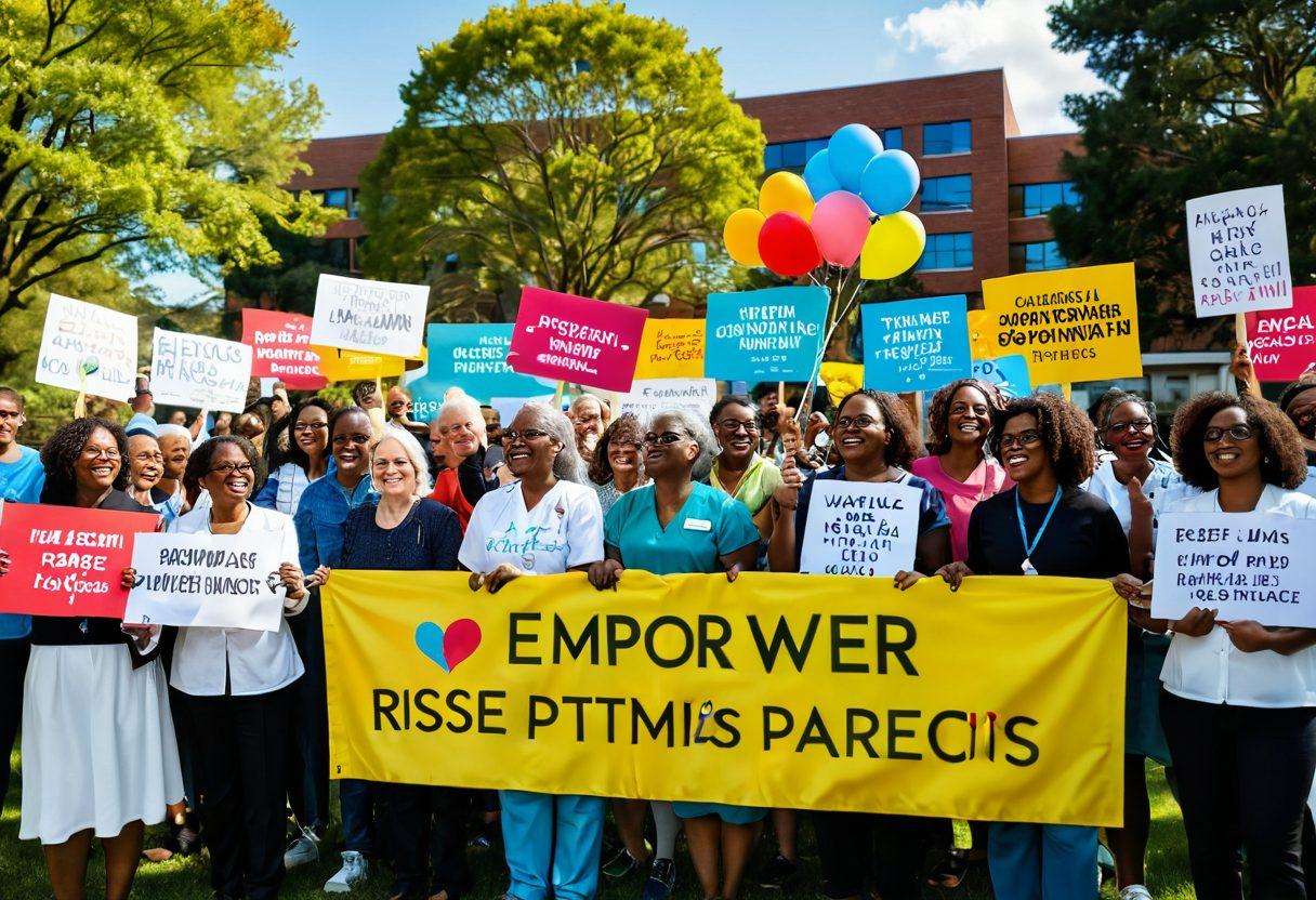 A diverse group of passionate advocates rallying in an open community park, holding colorful banners with inspiring messages such as 'Empower Patients' and 'Together We Rise'. In the background, a supportive hospital building subtly blends with trees, symbolizing community care. The scene is filled with joyful faces, engaging conversations and individuals of varying ages and abilities, fostering a sense of unity and awareness. bright colors. illustration. vibrant community spirit.