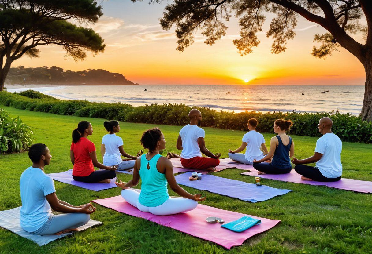 A serene scene depicting a diverse group of people engaging in various holistic practices: a cheerful chef preparing nutritious meals, a person meditating in a lush park, another jogging along a scenic trail, and someone practicing yoga on a beach at sunset. Incorporate symbols of emotional resilience, such as a heart and a brain intertwined in a harmonious design. Vibrant colors to convey vitality and freshness. soft focus. vibrant colors. natural light.